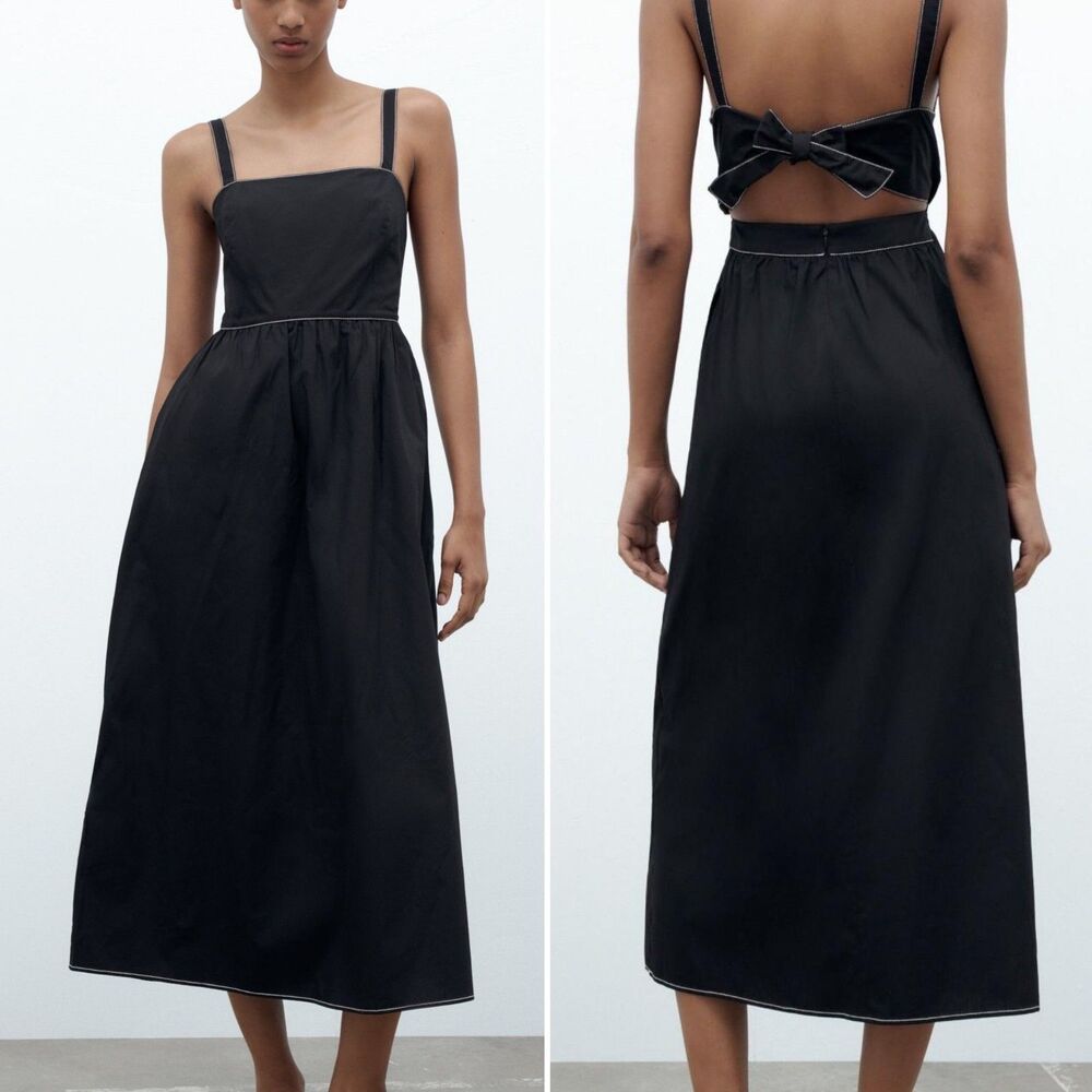 Zara Luiza Contrast Midi Dress With Back Bow Detail Black S